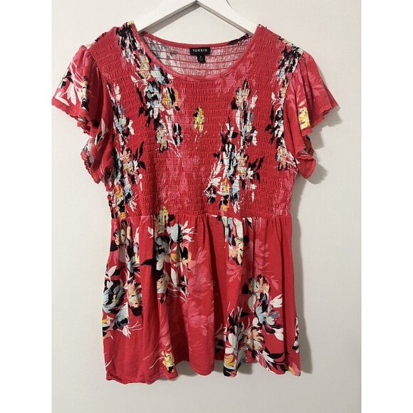 Torrid Pink Babydoll Cotton Crew Neck Smocked Bodice Top Size 2X - Picture 2 of 7